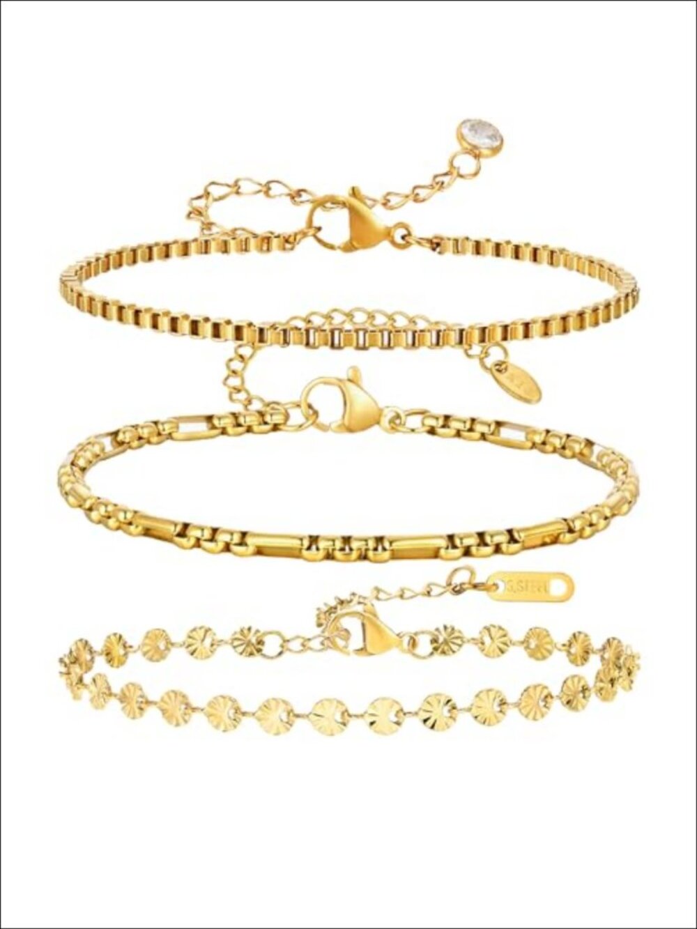Stainless Steel 18k Gold Plated Stackable Chain Bracelets Set of 3